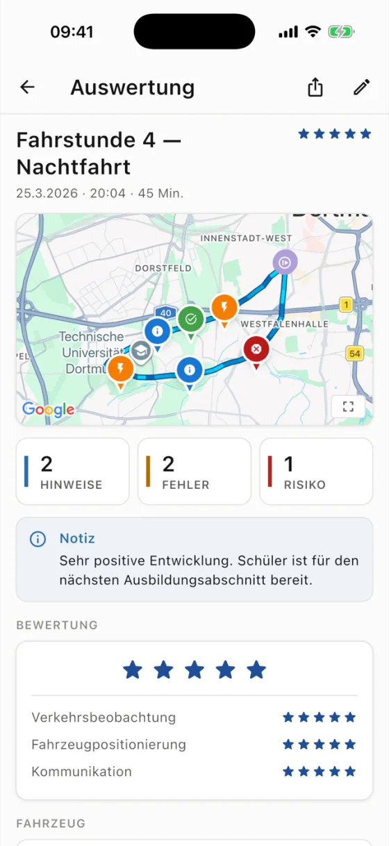RoadReview Auswertung einer Fahrstunde mit Fehlern auf der Karte und Bewertung